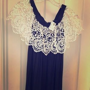 Navy blue dress with white lace top